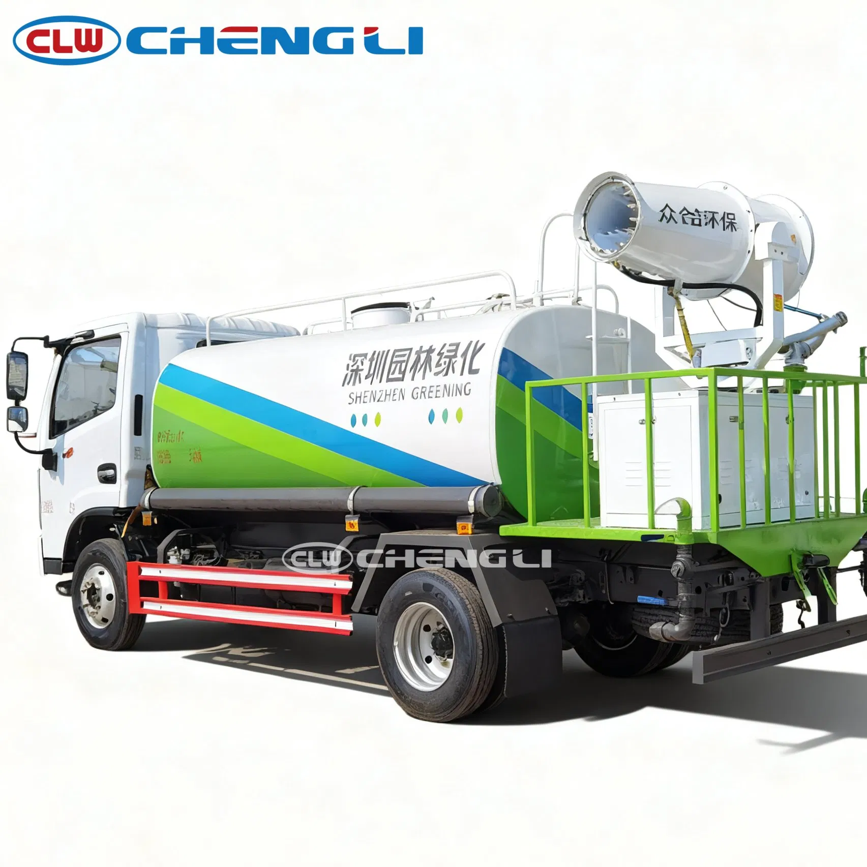 Right-hand-drive sprinkler truck cab and water tank detail